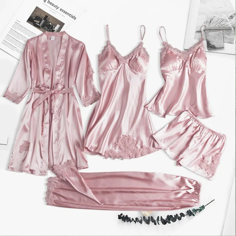 Conjunto de pijama de satén y encaje de mujer KYWOKO